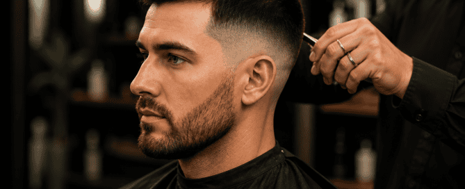 Man getting a haircut in an upscale barbershop